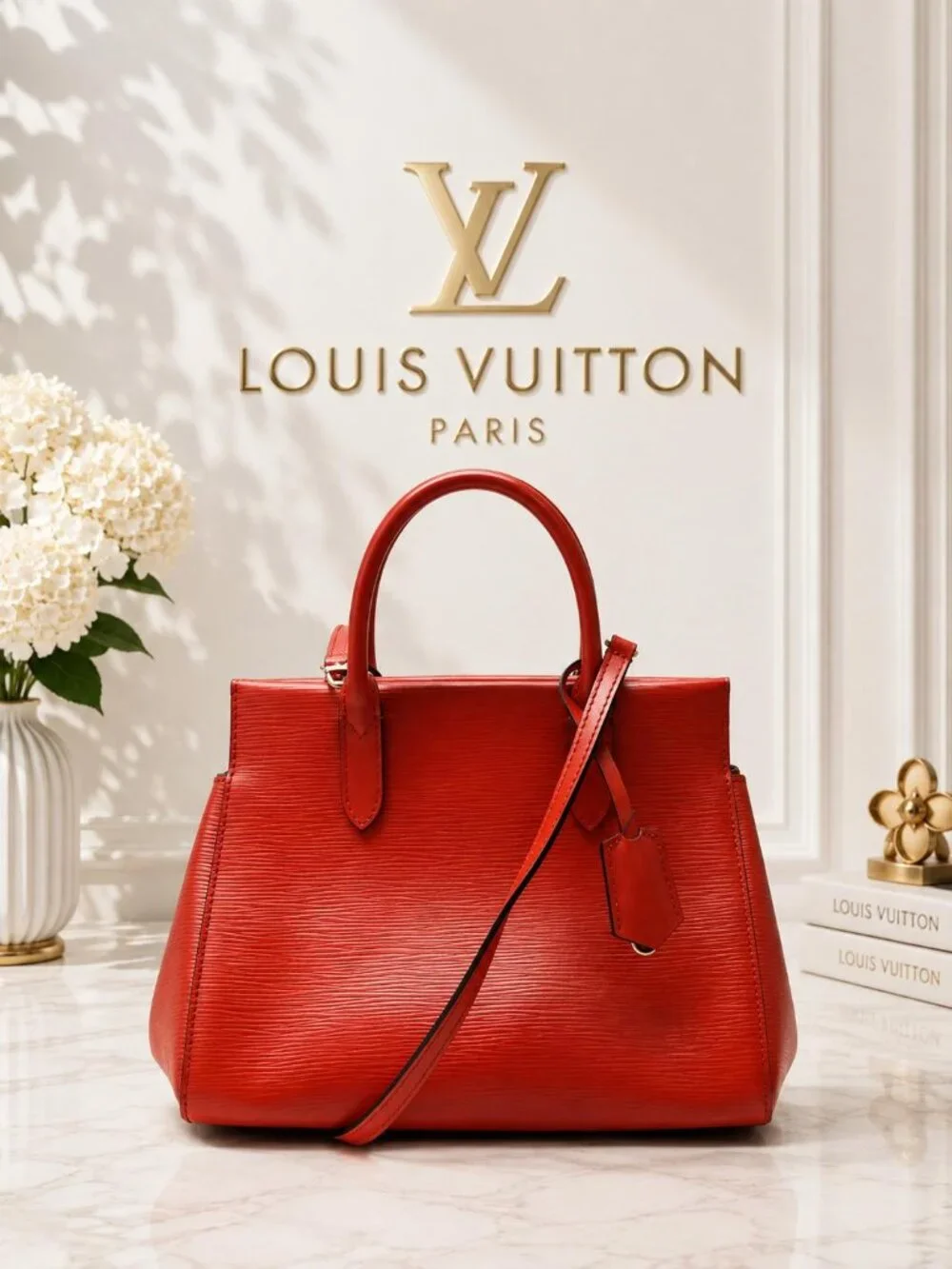 Authentic Louis Vuitton Marly BB Red Epi Leather Shoulder Bag